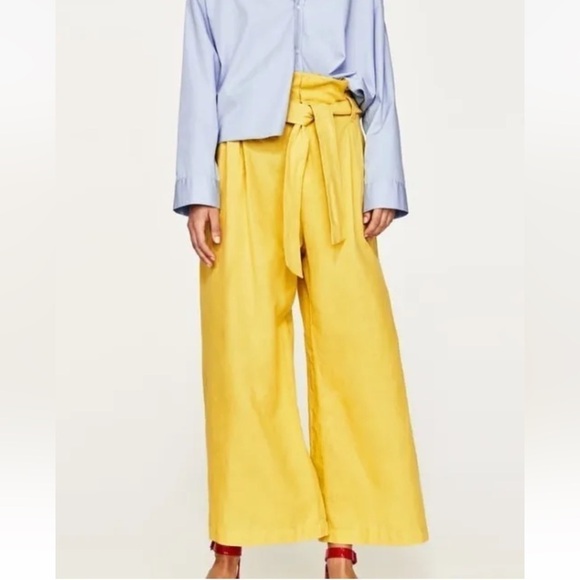 Zara Yellow Linen Wide Leg Paper Bag Cropped Palazzo Pants sz XS - Picture 3 of 16